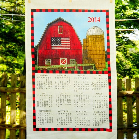2014 Country Red Barn Silo & American Flag Calendar Towel Farmcore Cottagecore - Picture 2 of 7